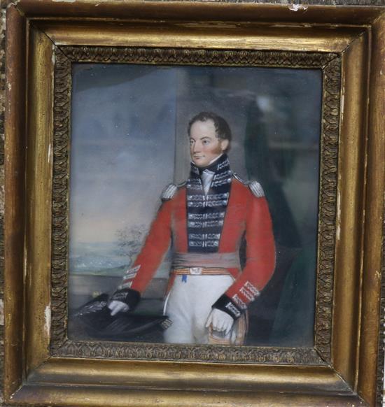 19th century English School, pastel portrait of an army officer, 24 x 21cm and a family coat of arms